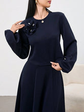 2pcs Urban Casual 3D Floral Print Suit Set For Women, Navy Blue